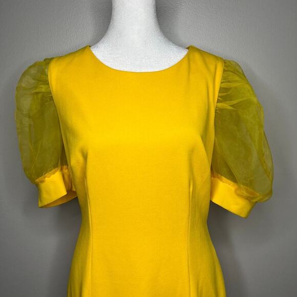 NY & Co. Women's Organza-Sleeve Sheath Dress in Yellow Magic Crepe Size Small - Picture 3 of 10